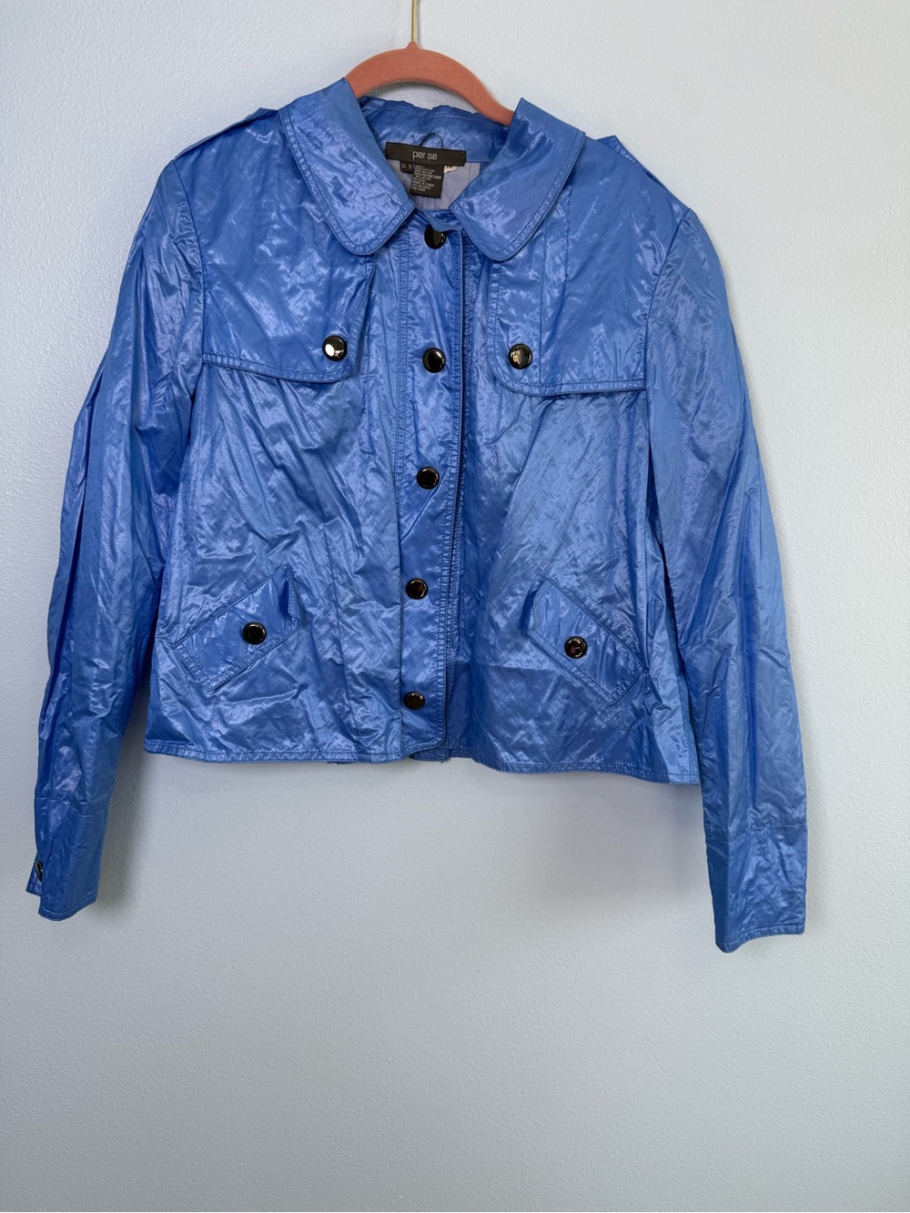 Per Se Shiny Cornflower Blue Button-Front Rain Utility Jacket